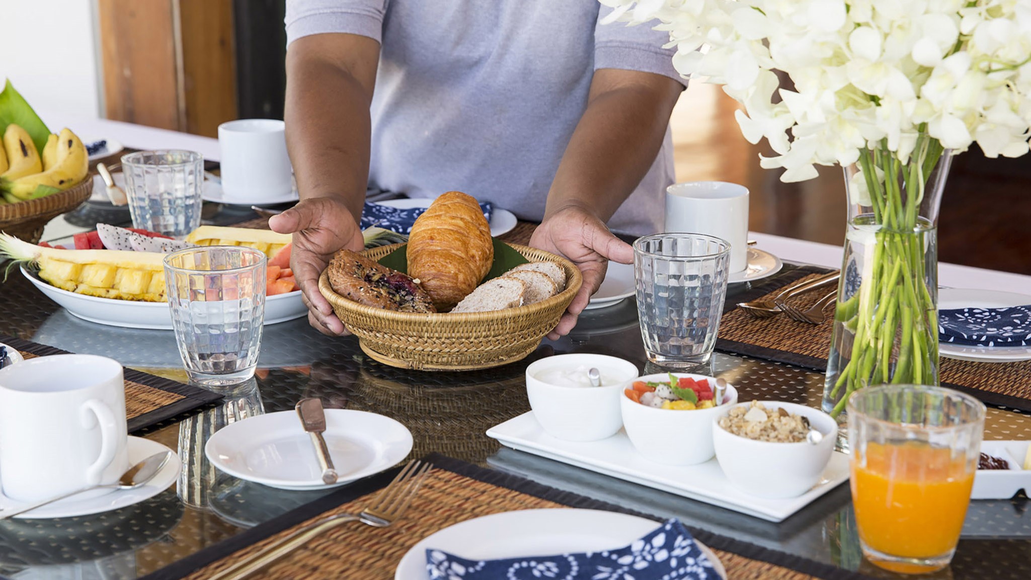 Breakfast dining at Shanti Villa, a luxury 6 bedroom beach front villa located in Jivana private estate, Phang Nga, Thailand