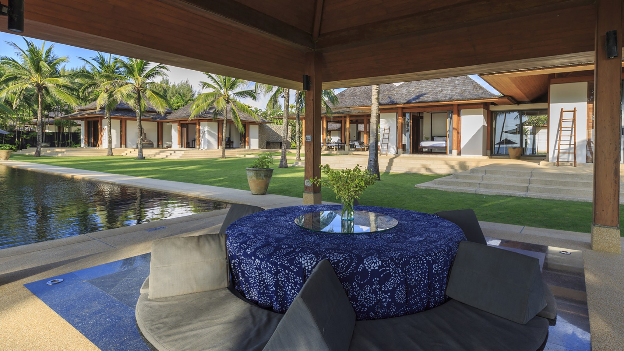 Outdoor sala and lounging at Shanti Villa, a luxury 6 bedroom beach front villa located in Jivana private estate, Phang Nga, Thailand